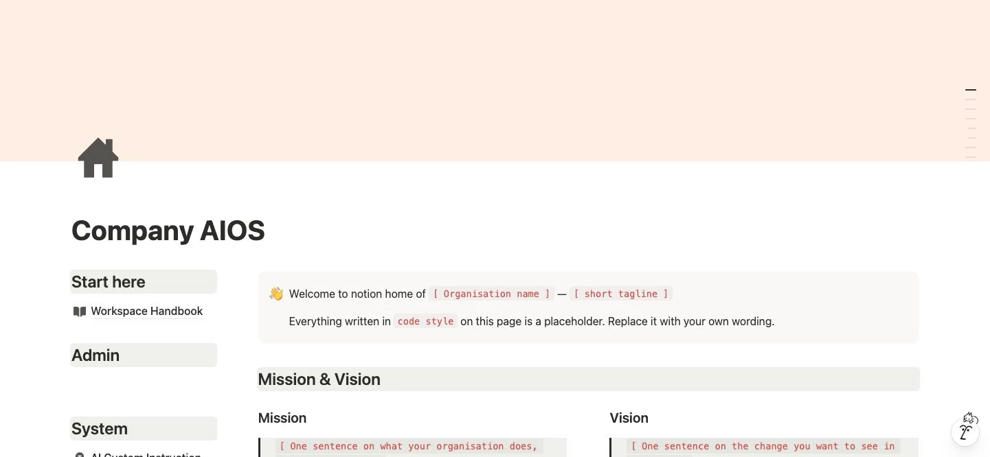 Company AIOS 模板首頁,顯示 Start here、Workspace Handbook 和 Mission & Vision 區域