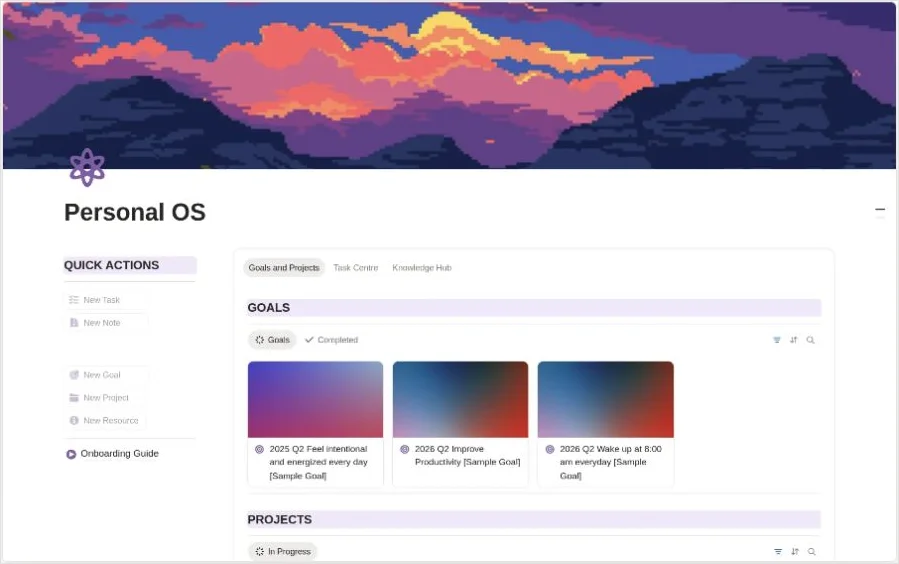 Personal OS 公開預覽，左側是 Quick Actions，右側用分頁和 Goals、Projects 區塊整理資訊