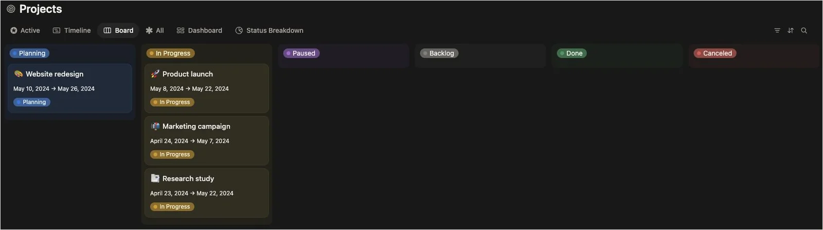 Projects & Tasks 公開模板的 Board，把項目卡片按 Planning、In Progress、Paused 等狀態分組