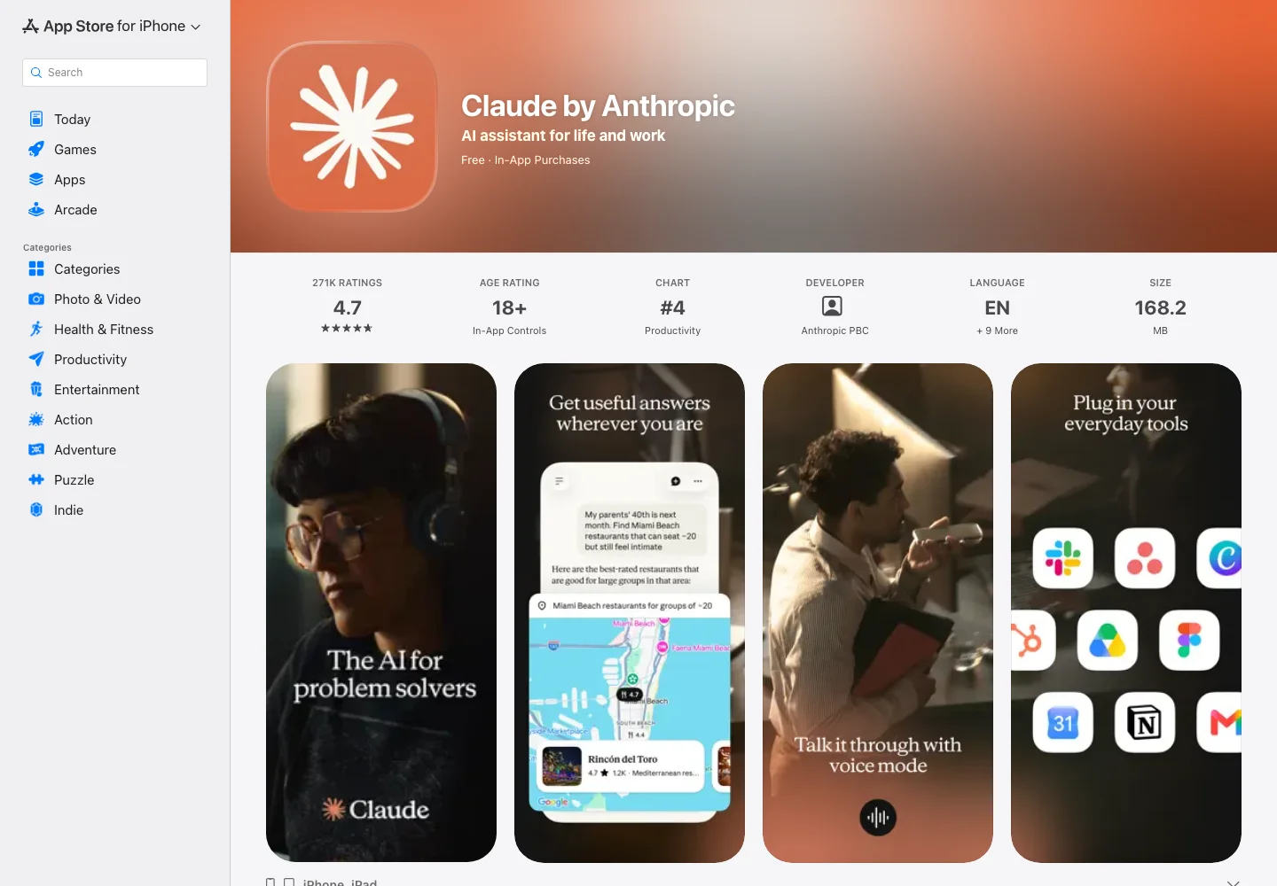 美國 App Store 的 Claude by Anthropic 官方 app 頁面