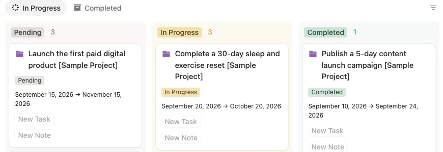Personal OS 公開模板的 Projects board，卡片附有 New Task 與 New Note 按鈕