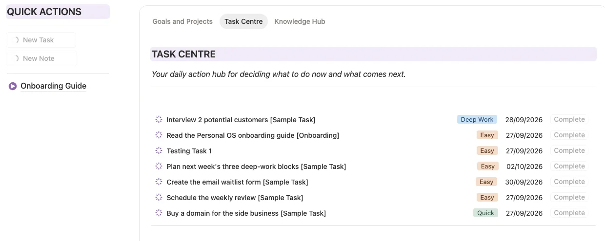 Personal OS 公開模板的 Task Centre 分頁