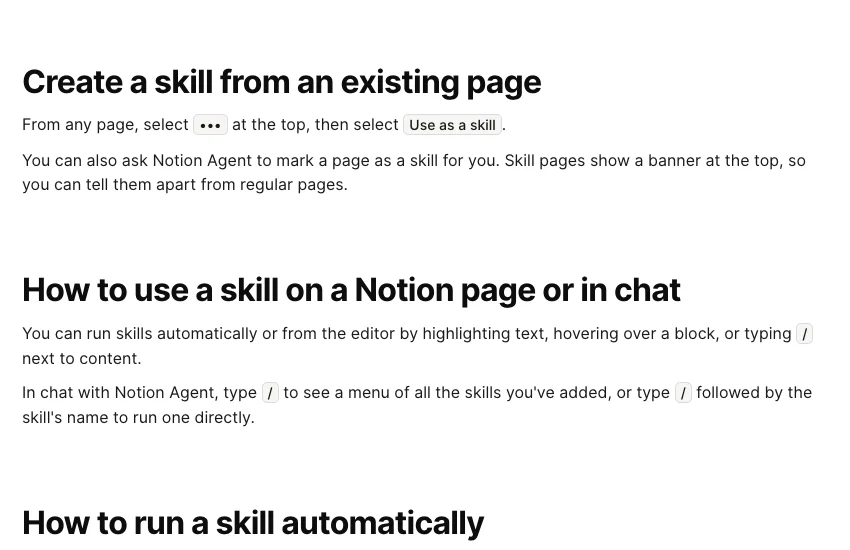 Notion 官方指南中從現有 page 建立 skill 及使用 skill 的步驟
