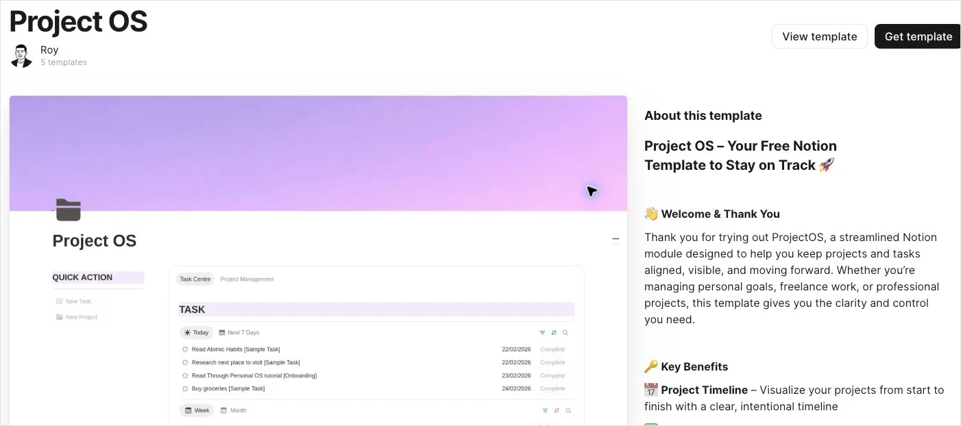 Project OS 在 Notion Marketplace 的公開介紹，左邊是淺色 Task Centre 模板預覽，右邊介紹 project timeline 和 task tracking