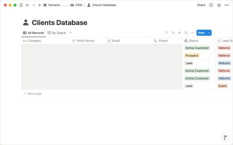 Notion 官方 CRM 指南展示以 database 表格整理客戶資料