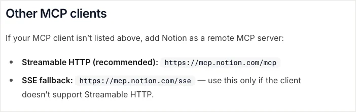 Notion 官方設定文件列出 Other MCP clients 的 Streamable HTTP endpoint 及 SSE 備選地址