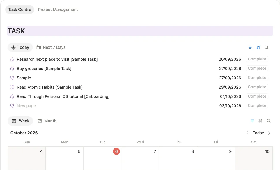 Roy 的公開 Project OS 模板在 Task Centre 分頁展示任務清單及示例資料