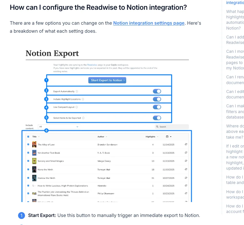 Readwise 官方文件中的 Notion 匯出設定
