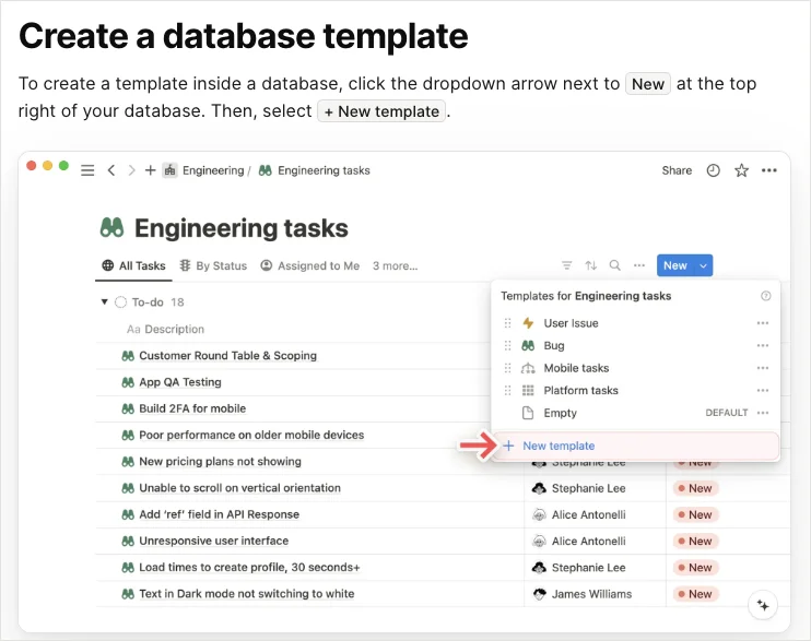 Notion 官方說明示範在 New 選單建立 database template