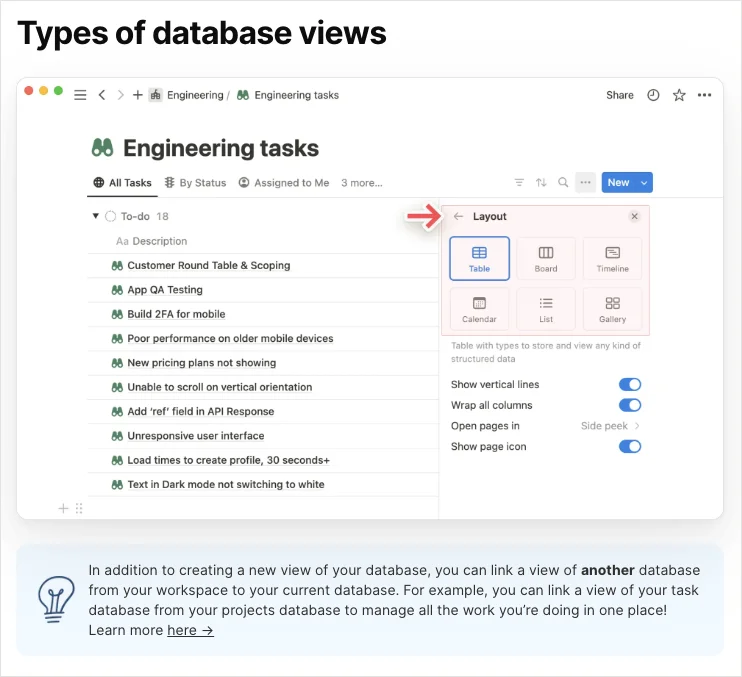 Notion 官方說明展示database view 的 Layout 選單與不同呈現類型