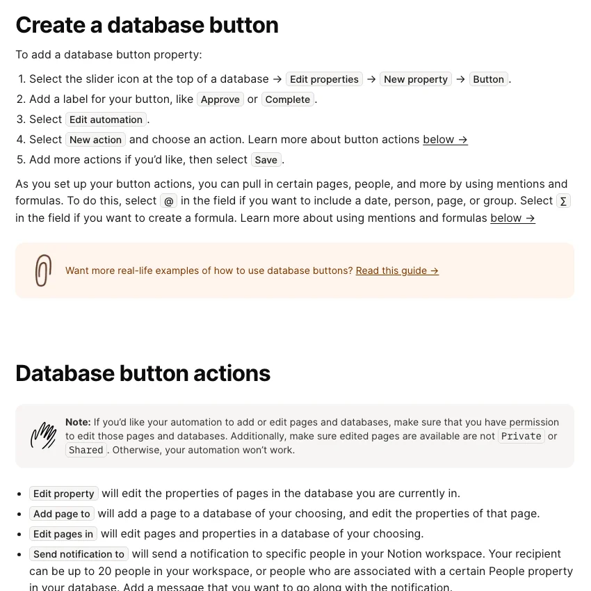 Notion 官方指南中建立 database button 的步驟