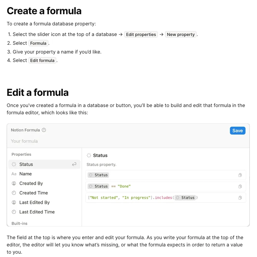 Notion 官方指南中建立 formula property 的步驟