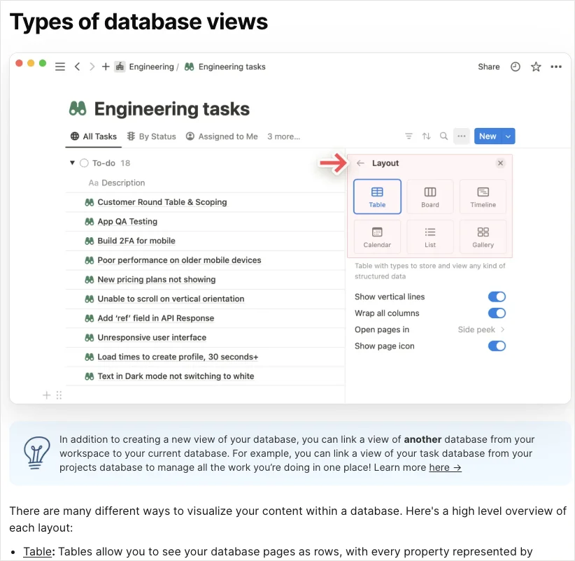Notion 官方說明展示不同 database views 的用途及選擇入口