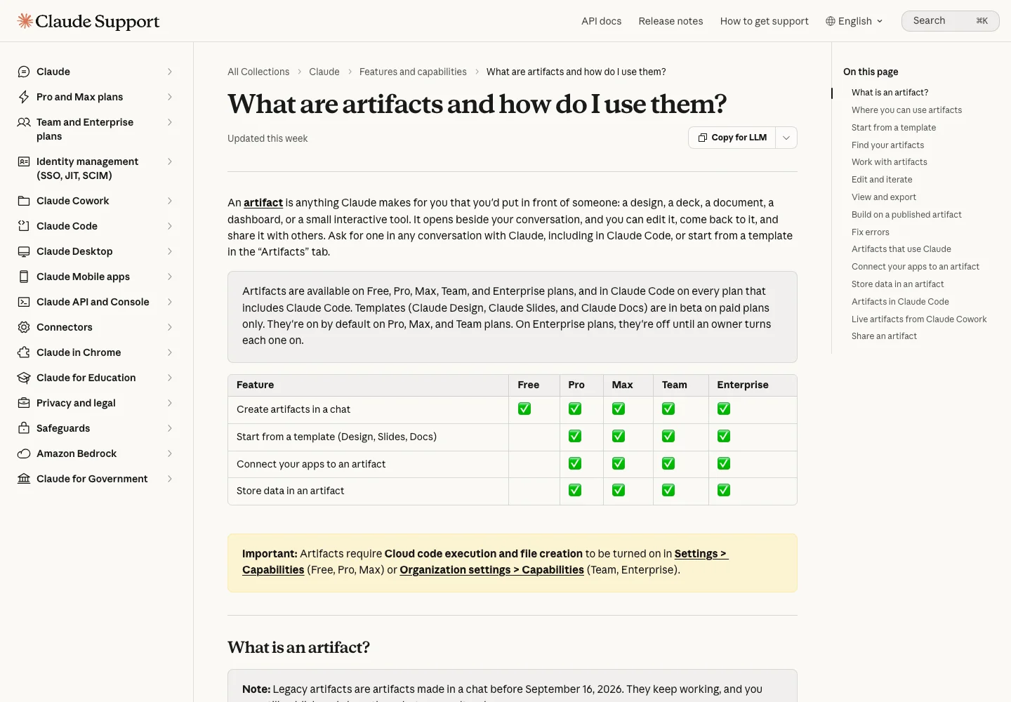 Official Claude Artifacts guide describing supported deliverables