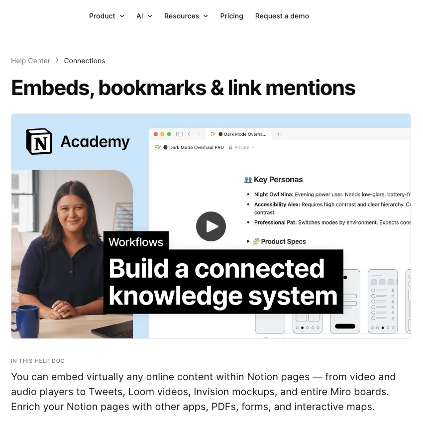 Notion 官方 Embeds 與 bookmarks 說明頁面