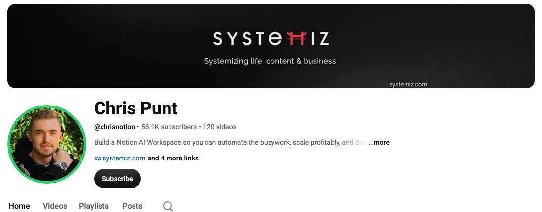 Chris Punt 的 YouTube 頻道頁面，橫額是 Systemiz