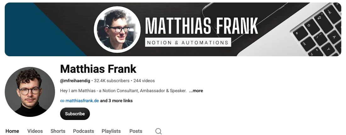 Matthias Frank 的 YouTube 頻道頁面，橫額寫着 Notion & Automations