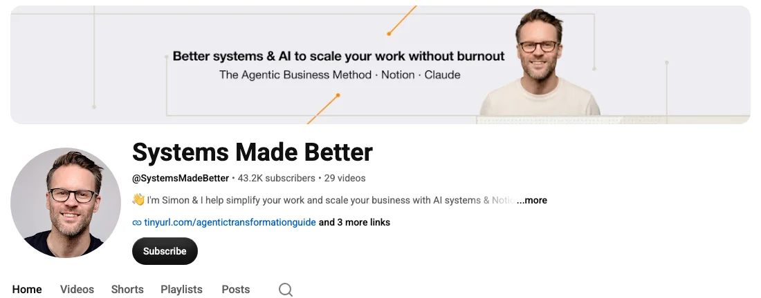 Systems Made Better 的 YouTube 頻道頁面，橫額介紹用系統和 AI 擴展工作