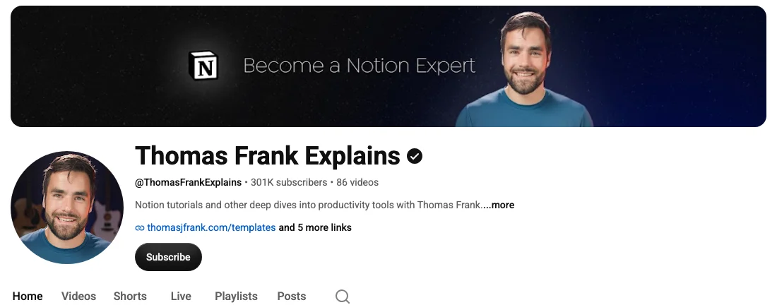 Thomas Frank Explains 的 YouTube 頻道頁面，簡介寫着 Notion 教學和生產力工具深入分析