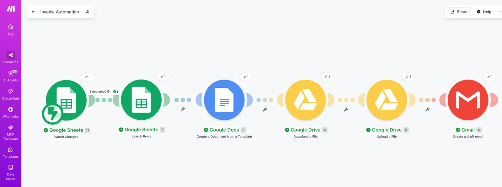 Make.com scenario: reads Google Sheets, creates a Google Docs invoice, saves it to Google Drive, then creates a Gmail draft