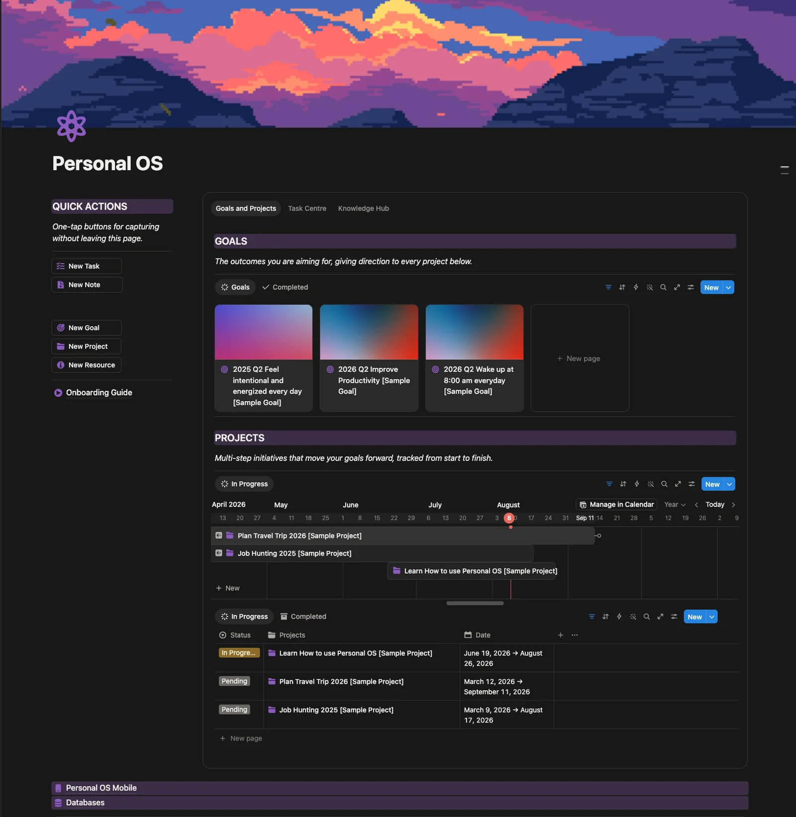 Personal OS goals gallery and project timeline in Notion