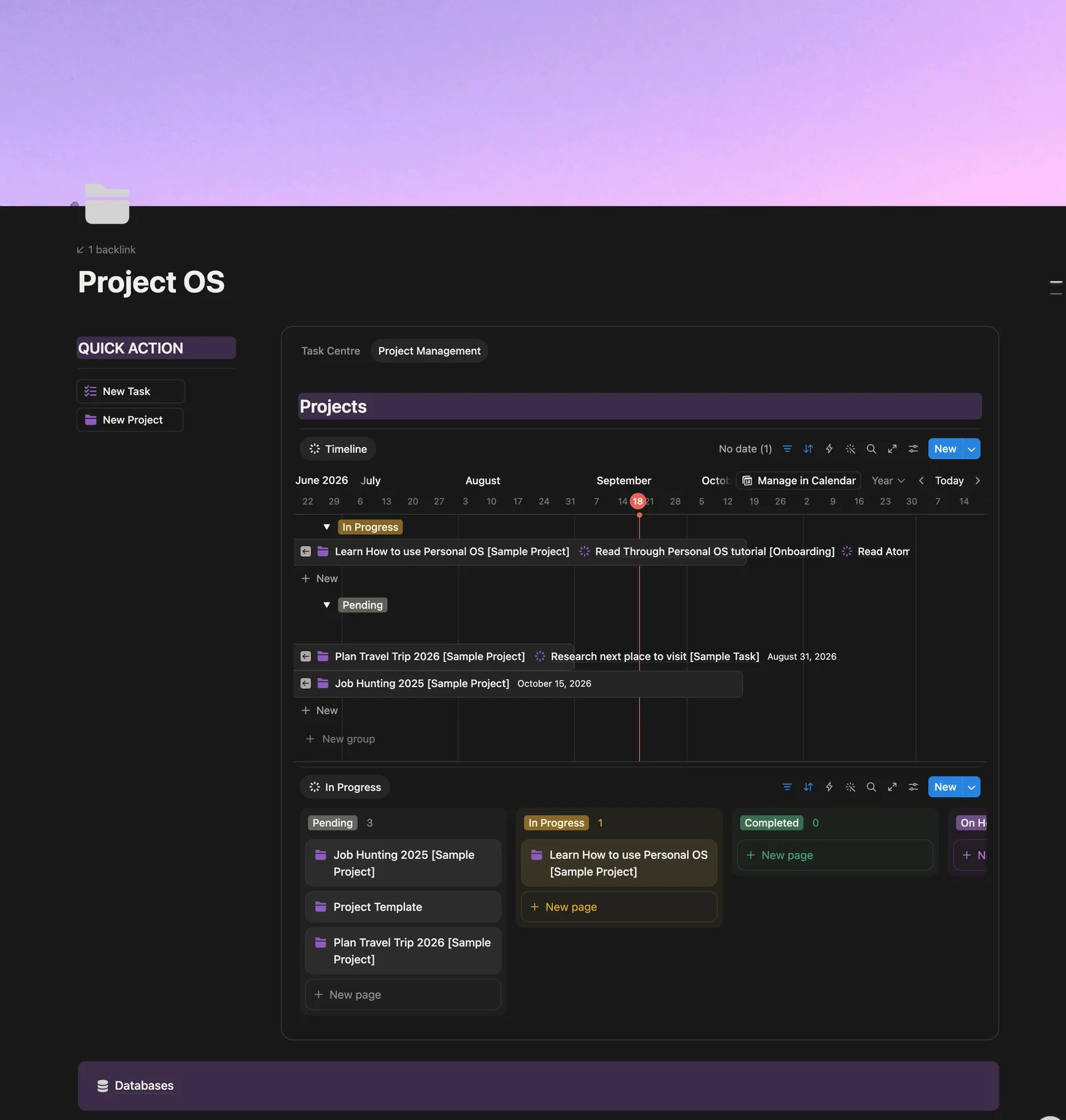 Project OS project timeline and status board in Notion