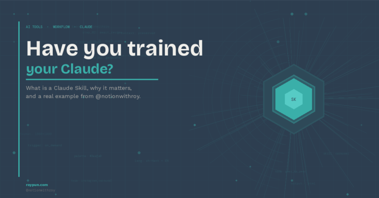 Featured image for blog post: "Have you trained your Claude?" — a dark navy graphic with teal hexagon skill module, grid overlay, and scattered code fragments representing Claude Skill workflow